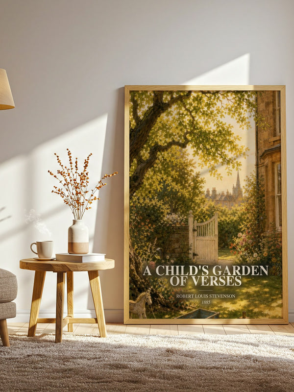 A Child'S Garden Of Verses watercolour print in frame leaning in hallway – poetry wall art