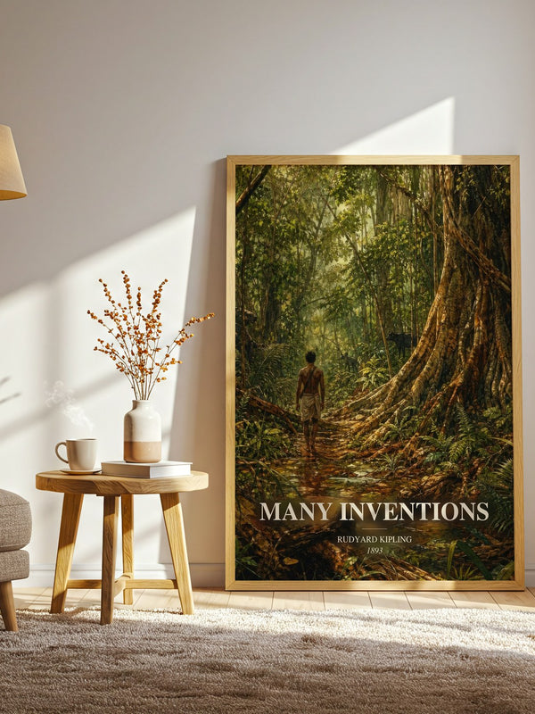 Many Inventions watercolour print in frame leaning in hallway – classic literature wall art
