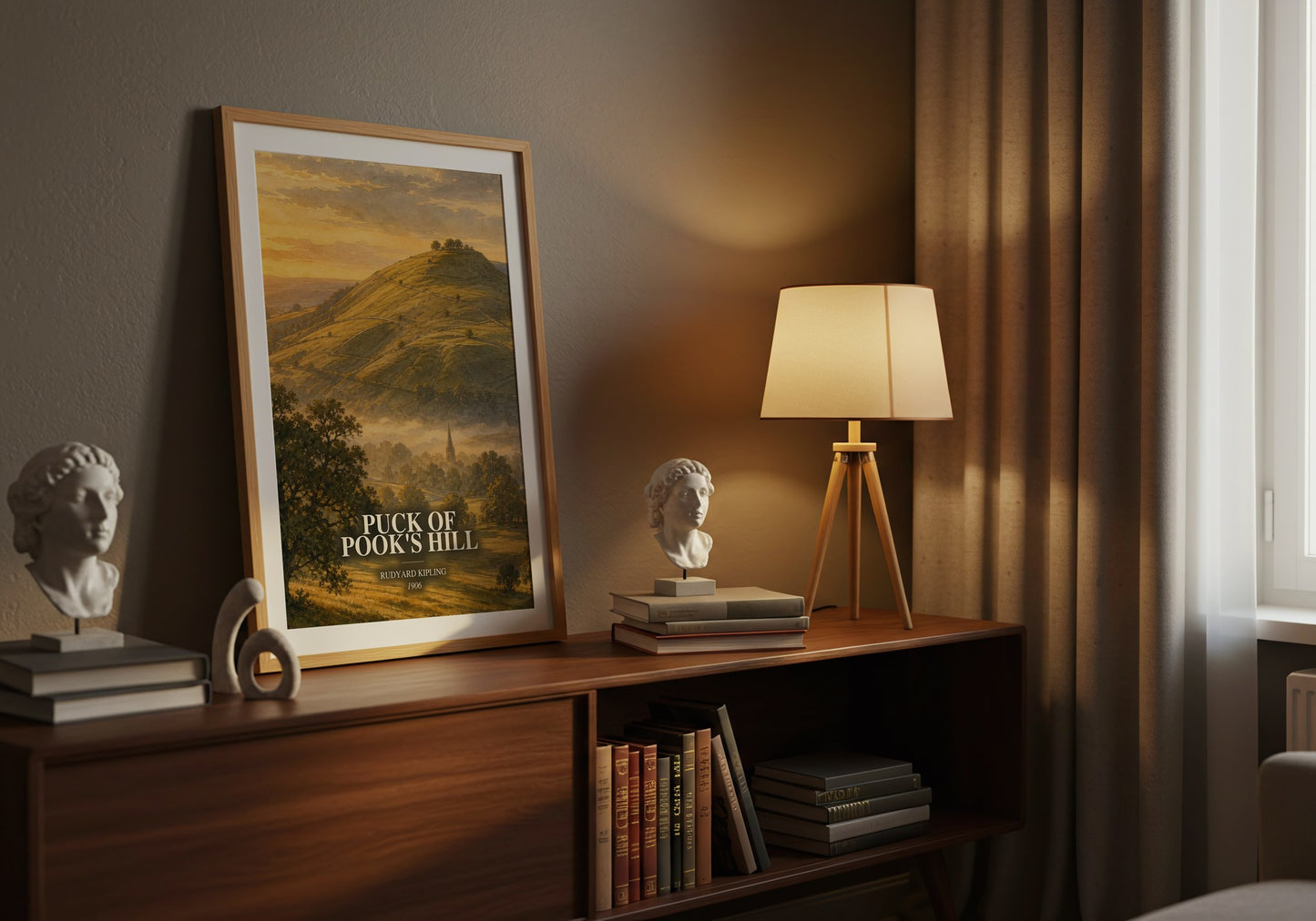 Puck Of Pook'S Hill watercolour print on bookshelf – Rudyard Kipling fan gift