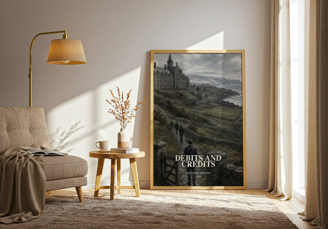 Debits And Credits watercolour print in frame leaning in hallway – classic literature wall art (mockup)