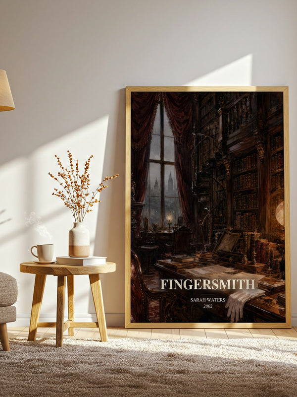 Fingersmith watercolour print in frame leaning in hallway – historical fiction wall art