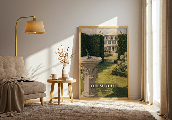 The Sundial watercolour print in frame leaning in hallway – gothic wall art