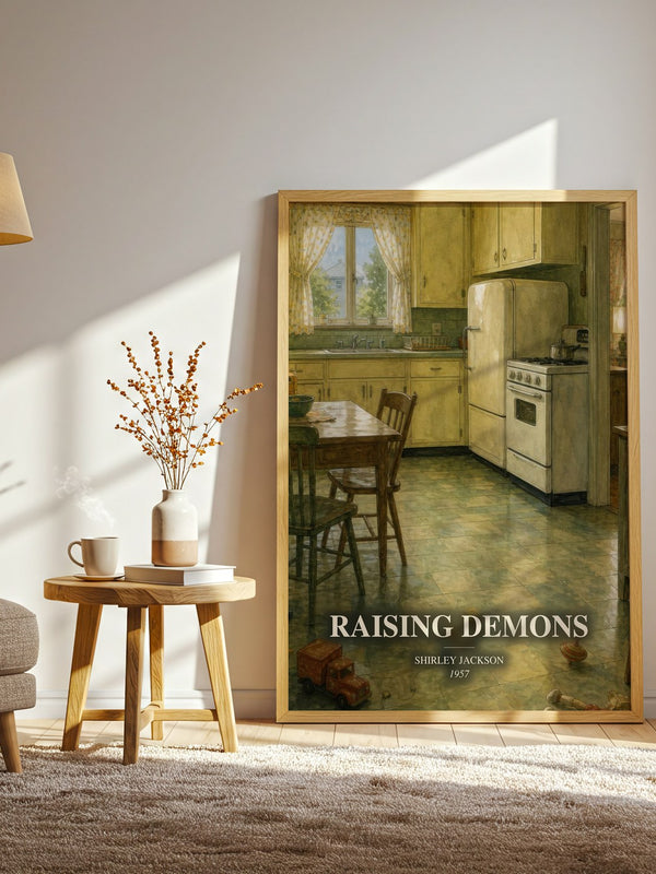 Raising Demons watercolour print in frame leaning in hallway – memoir wall art