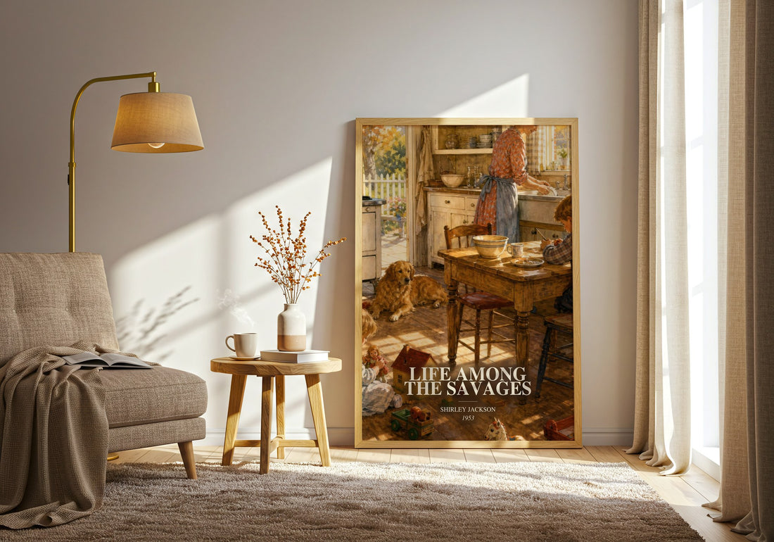 Life Among The Savages watercolour print in frame leaning in hallway – memoir wall art (mockup)
