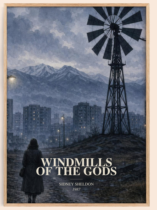 Windmills Of The Gods watercolour book poster by Sidney Sheldon – framed literary art print
