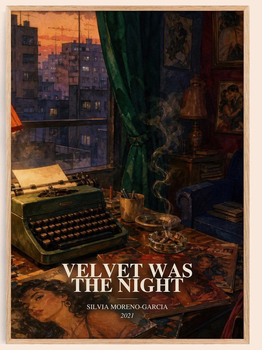 Velvet Was The Night watercolour book poster by Silvia Moreno-Garcia – framed literary art print