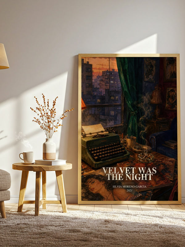 Velvet Was The Night watercolour print in frame leaning in hallway – mystery wall art