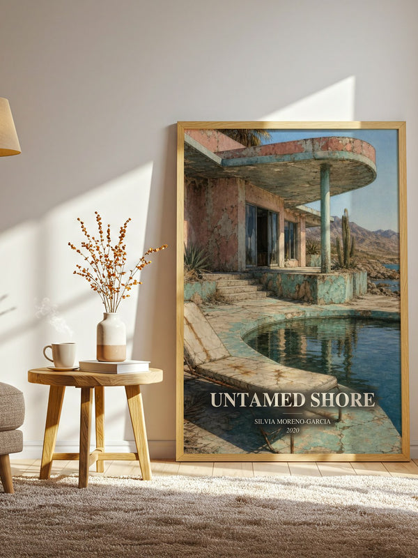 Untamed Shore watercolour print in frame leaning in hallway – thriller wall art