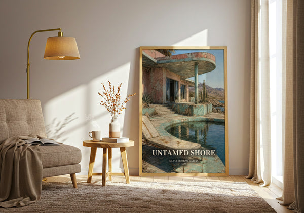 Untamed Shore watercolour print in frame leaning in hallway – thriller wall art