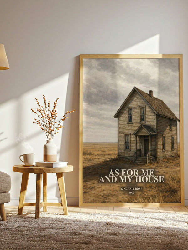 As For Me And My House watercolour print in frame leaning in hallway – literary fiction wall art