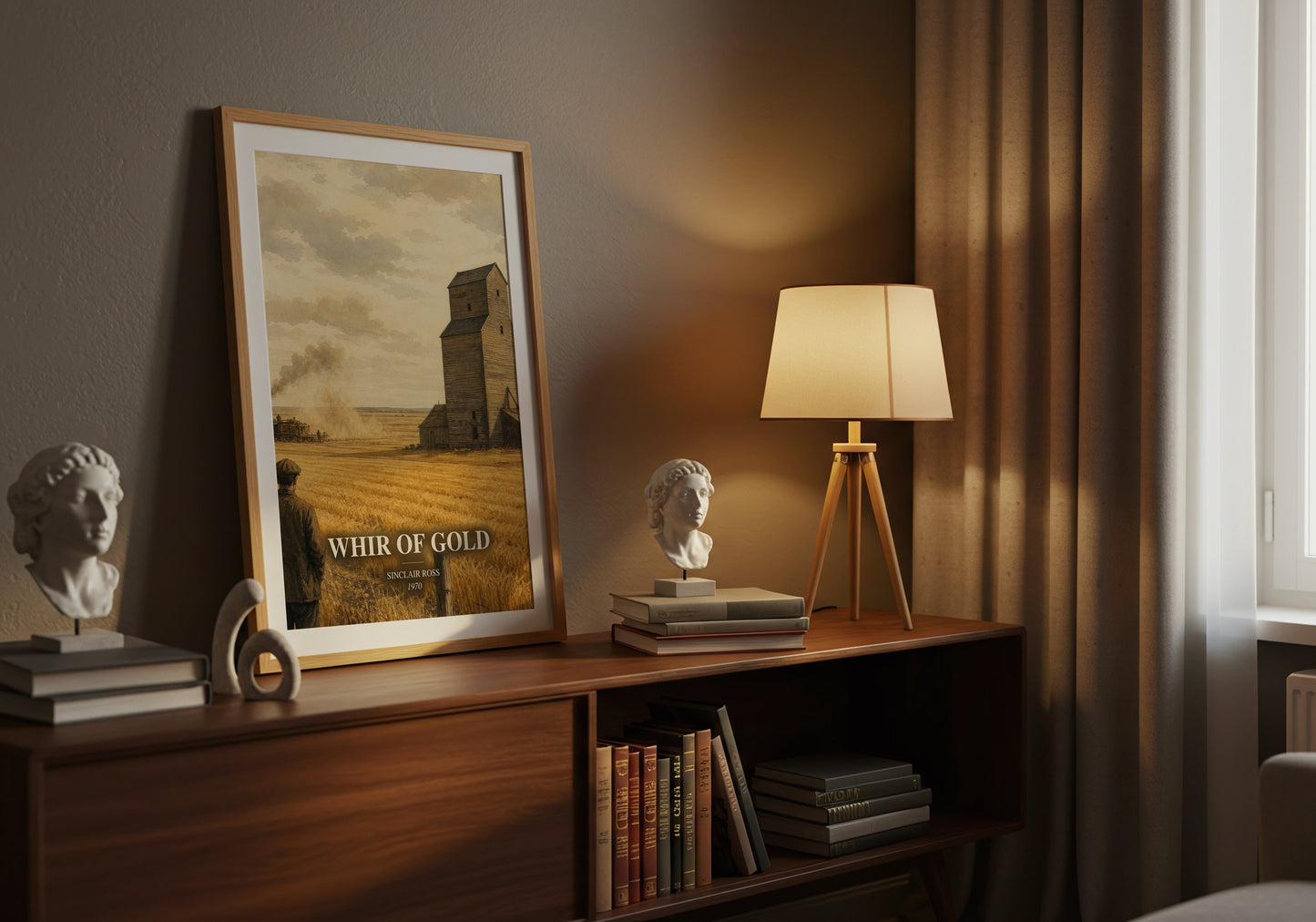 Whir Of Gold watercolour print on bookshelf – Sinclair Ross fan gift