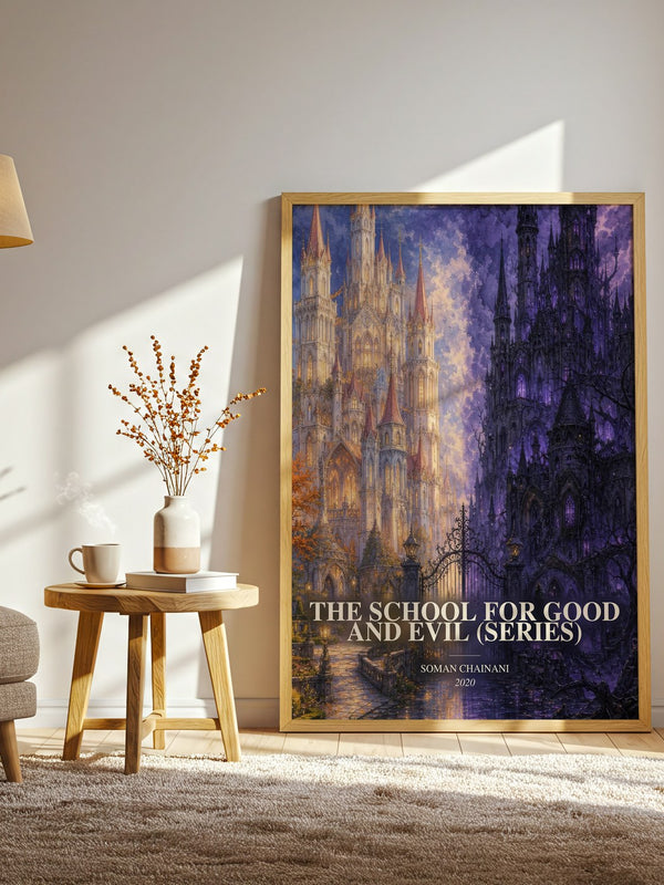 The School For Good And Evil (Series) watercolour print in frame leaning in hallway – fantasy wall art