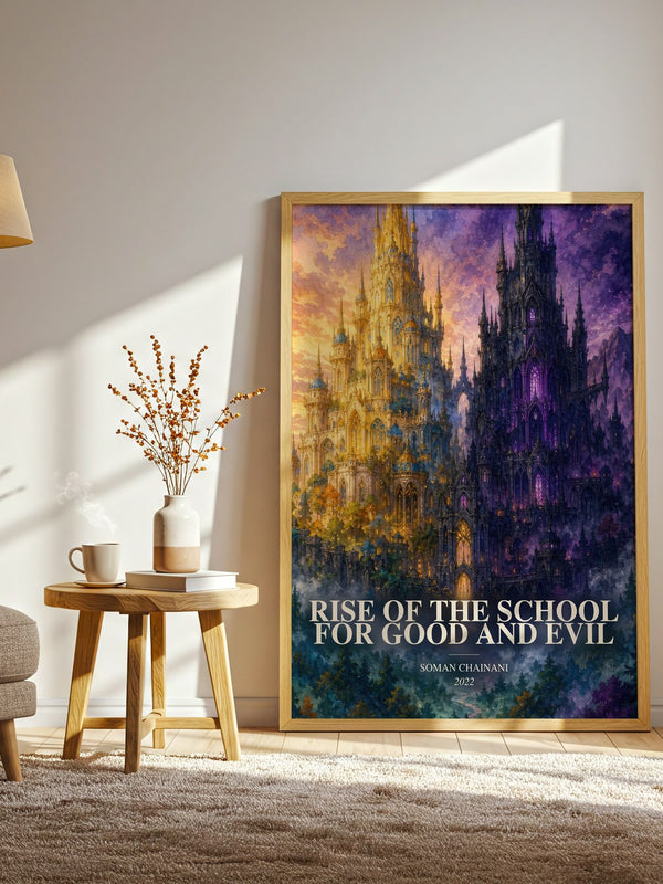 Rise Of The School For Good And Evil watercolour print in frame leaning in hallway – fantasy wall art