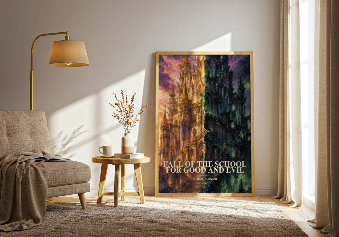 Fall Of The School For Good And Evil watercolour print in frame leaning in hallway – fantasy wall art (mockup)