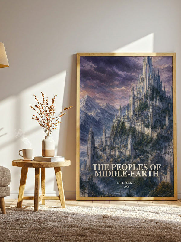 The Peoples Of Middle-Earth watercolour print in frame leaning in hallway – literary wall art