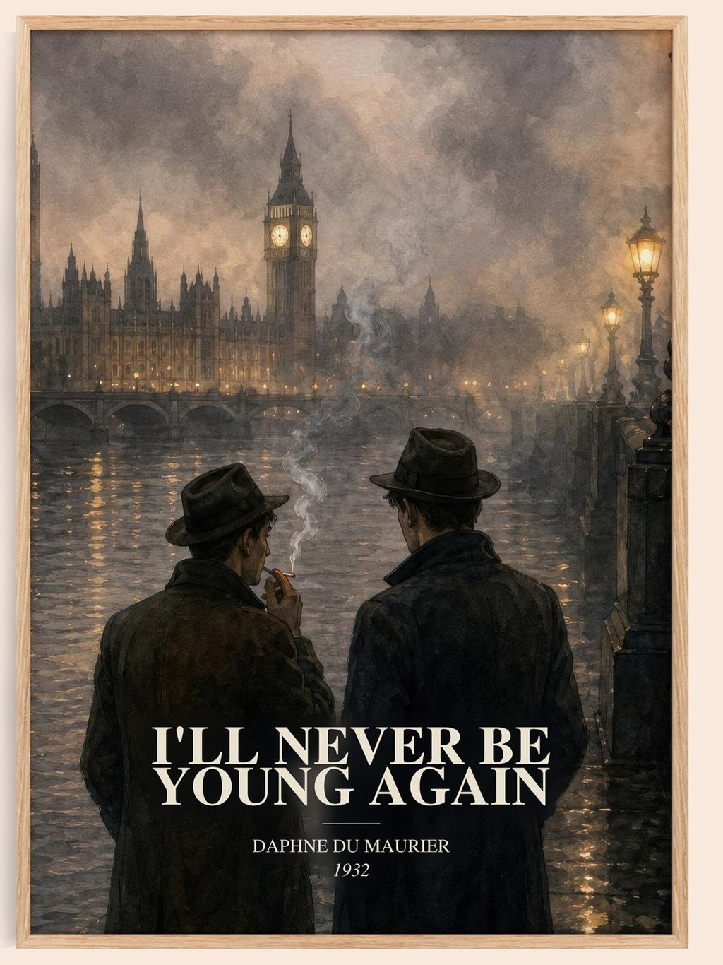 I'll Never Be Young Again watercolour book poster by Daphne du Maurier – framed literary art print