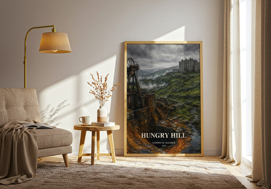 Hungry Hill watercolour print in frame leaning in hallway – historical fiction wall art (mockup)