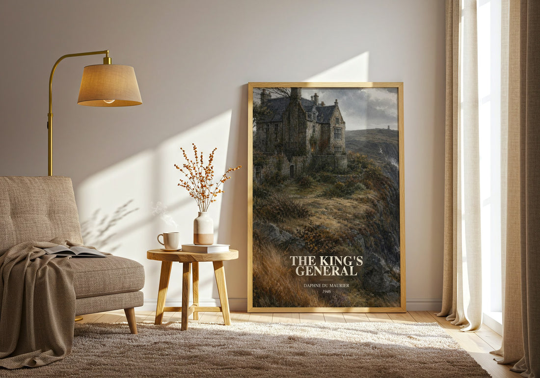 The King's General watercolour print in frame leaning in hallway – historical fiction wall art (mockup)