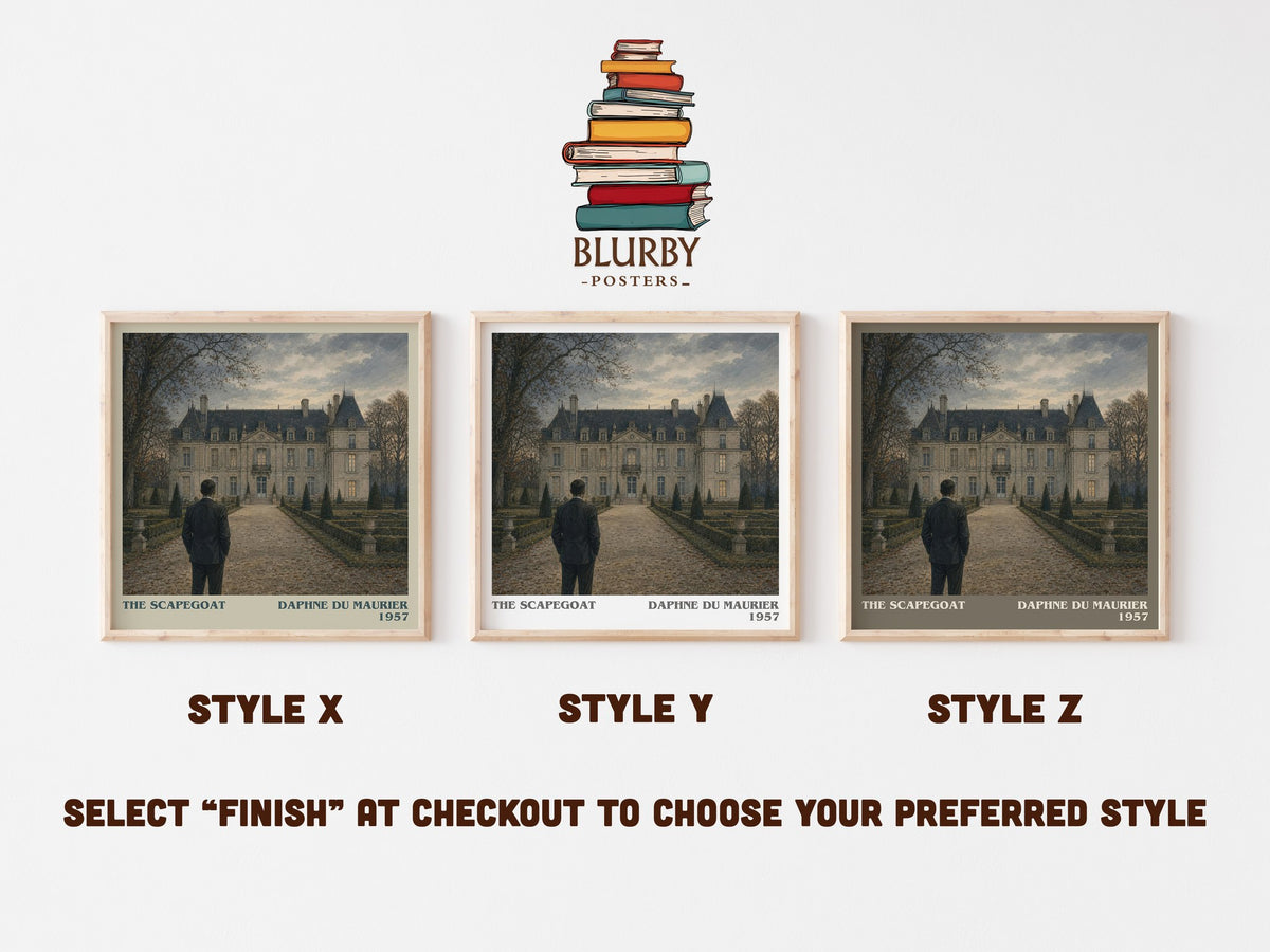 The Scapegoat literary print in frame leaning in hallway – thriller wall art (mockup)