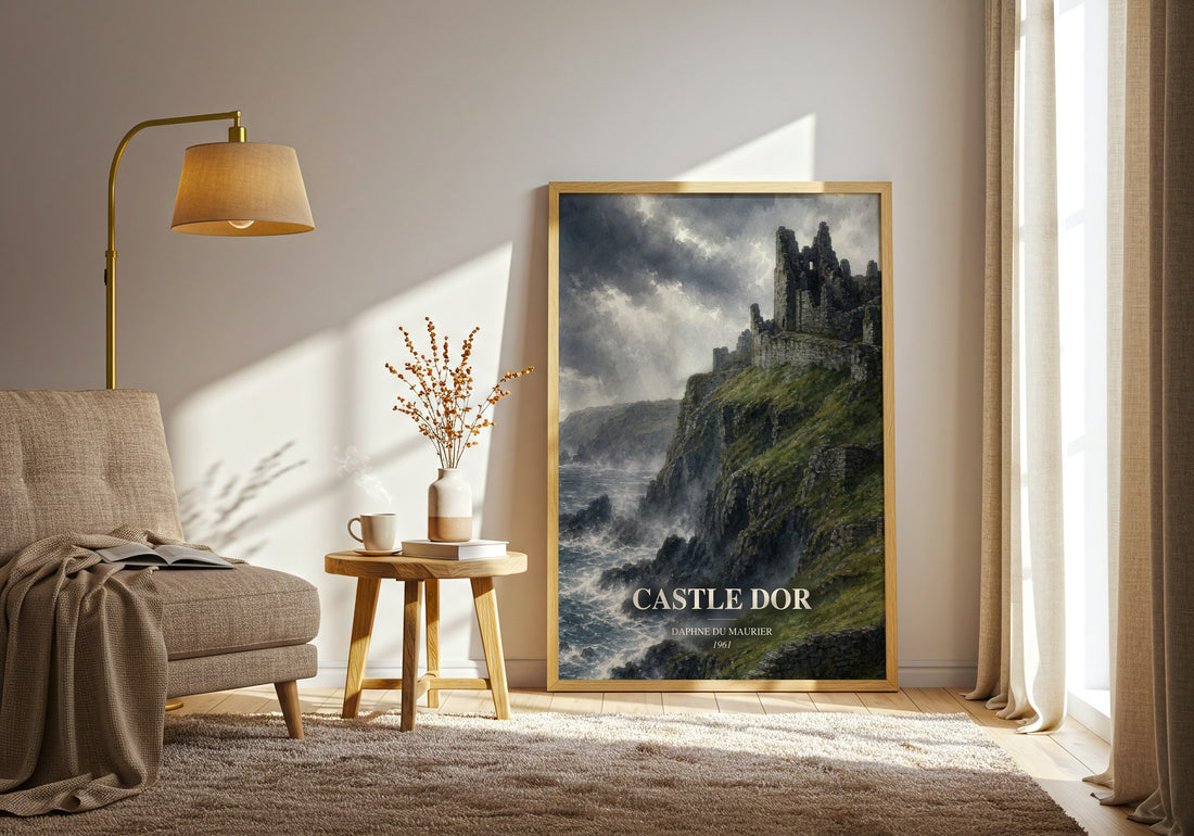 Castle Dor watercolour print in frame leaning in hallway – romance wall art (mockup)
