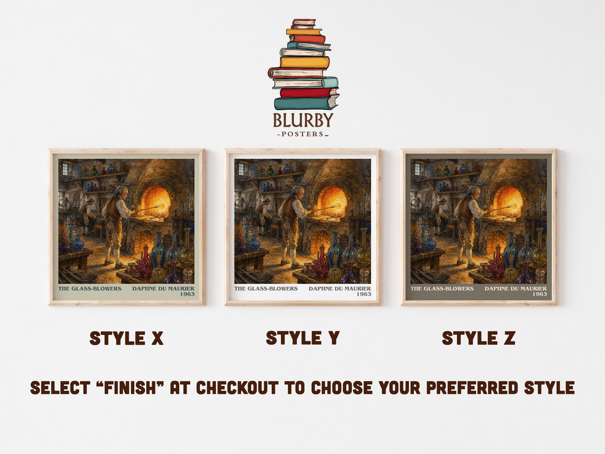 The Glass-Blowers literary print in frame leaning in hallway – historical fiction wall art (mockup)