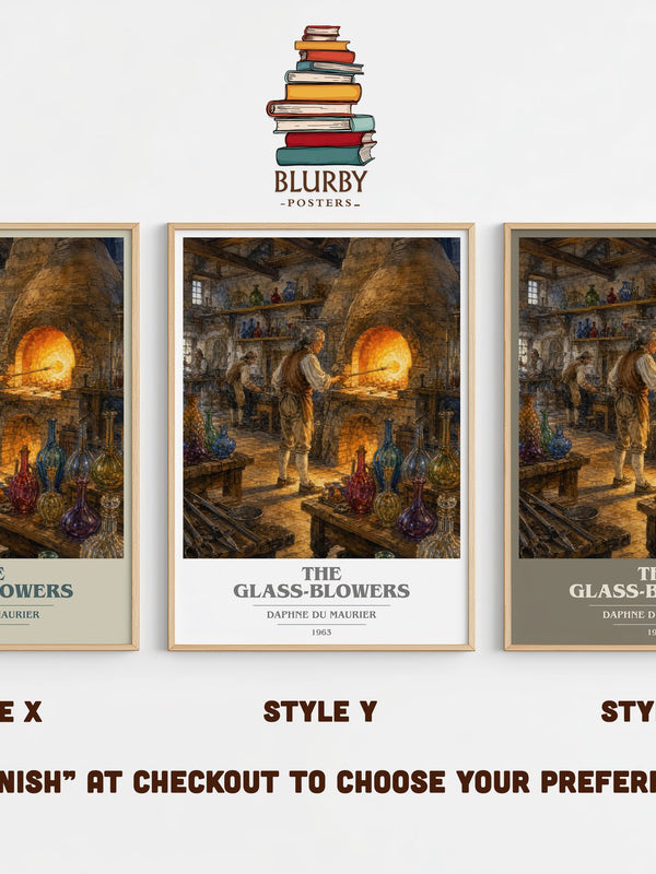 The Glass-Blowers book cover print in frame leaning in hallway – historical fiction wall art