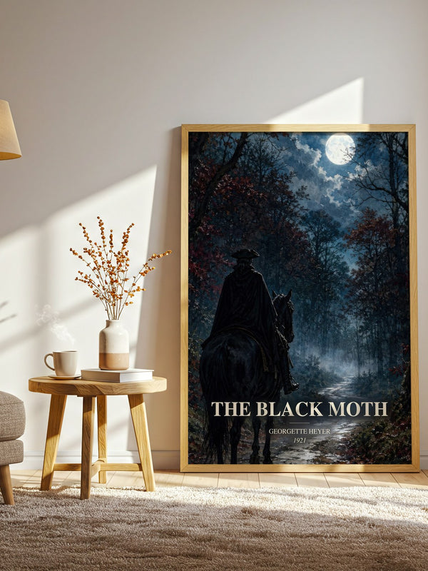 The Black Moth watercolour print in frame leaning in hallway – historical fiction wall art