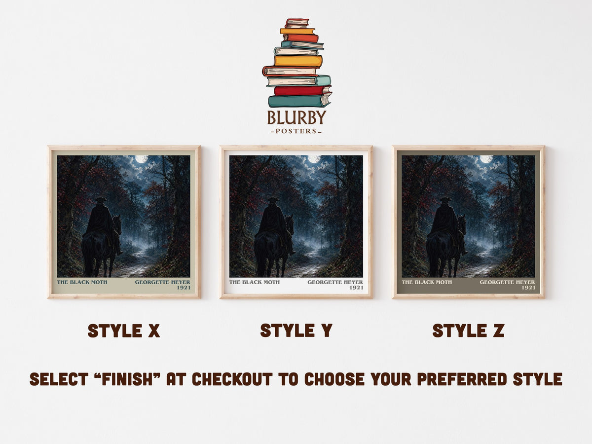 The Black Moth literary print in frame leaning in hallway – historical fiction wall art (mockup)