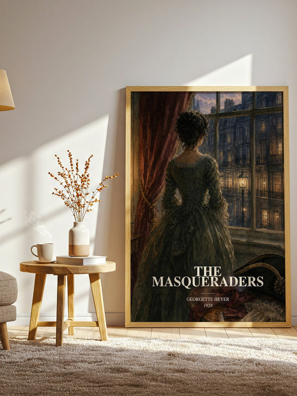 The Masqueraders watercolour print in frame leaning in hallway – historical fiction wall art