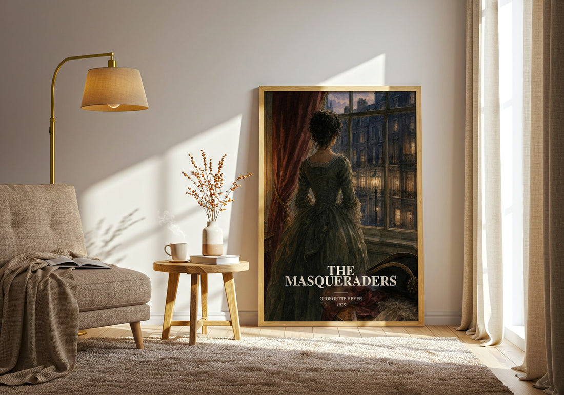 The Masqueraders watercolour print in frame leaning in hallway – historical fiction wall art (mockup)