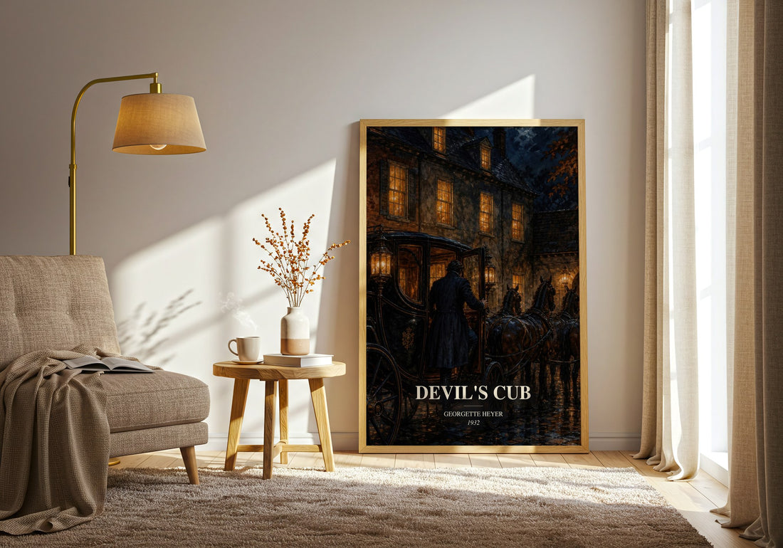 Devil's Cub watercolour print in frame leaning in hallway – romance wall art (mockup)