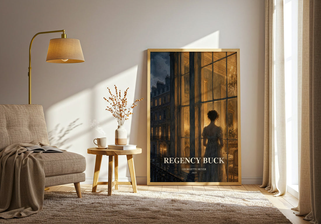 Regency Buck watercolour print in frame leaning in hallway – romance wall art (mockup)