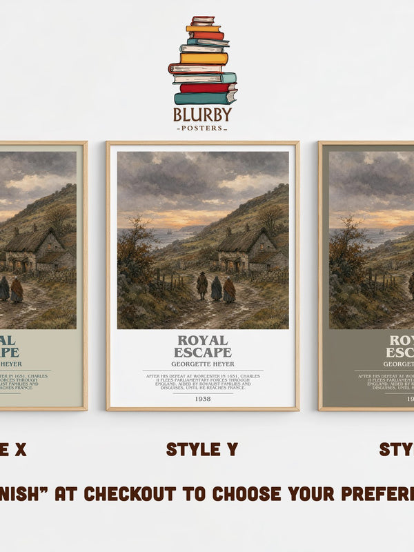 Royal Escape bookish print in frame leaning in hallway – historical fiction wall art