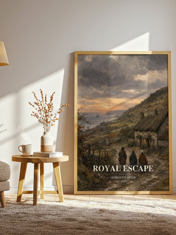 Royal Escape watercolour print in frame leaning in hallway – historical fiction wall art
