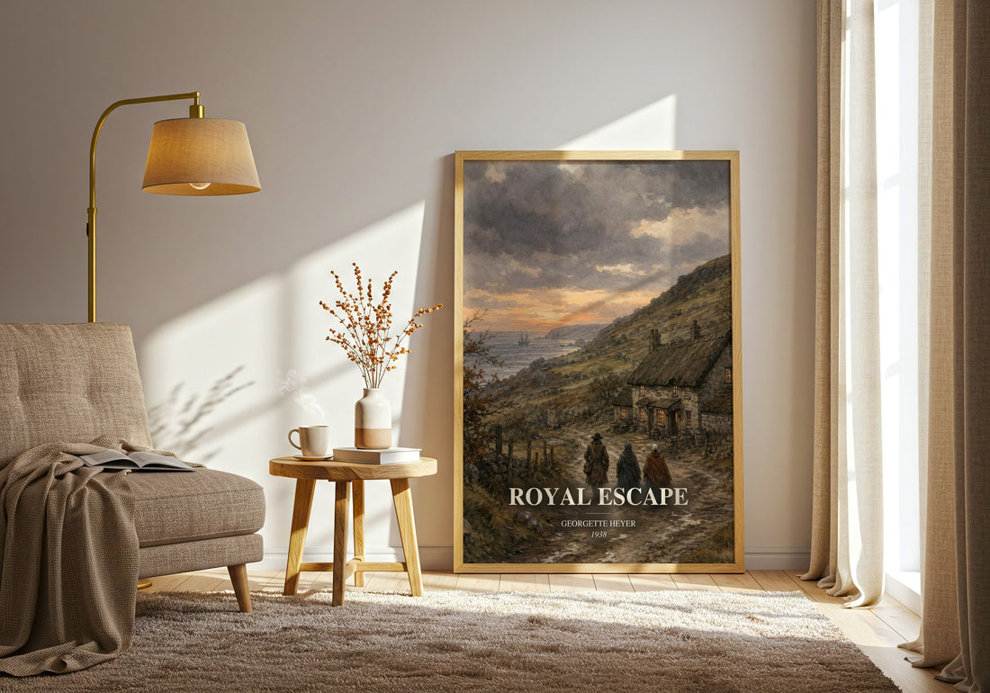 Royal Escape watercolour print in frame leaning in hallway – historical fiction wall art (mockup)