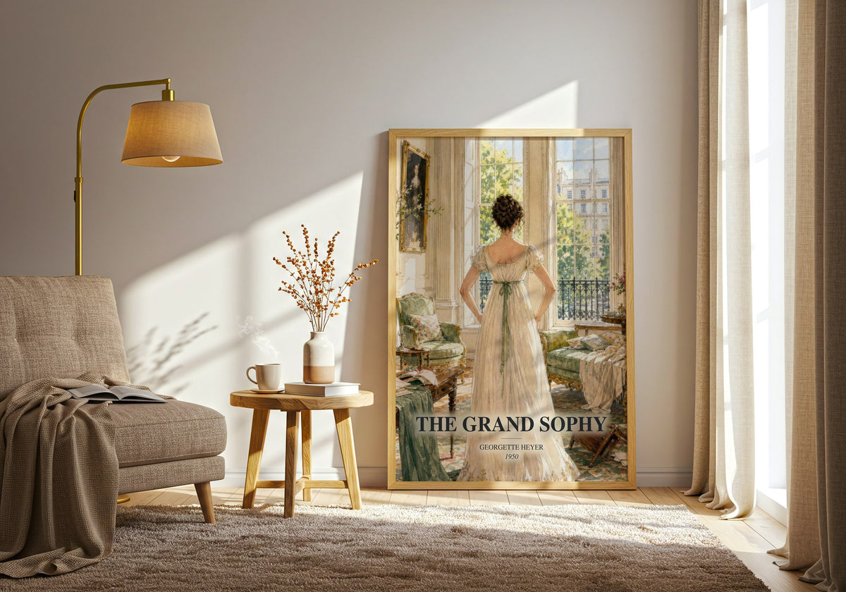 The Grand Sophy watercolour print in frame leaning in hallway – romance wall art (mockup)
