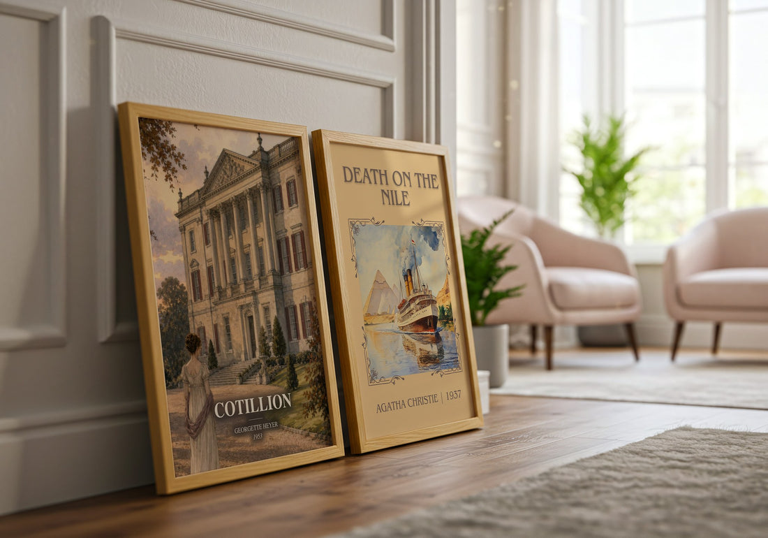 Cotillion watercolour print framed by window – literary home decor