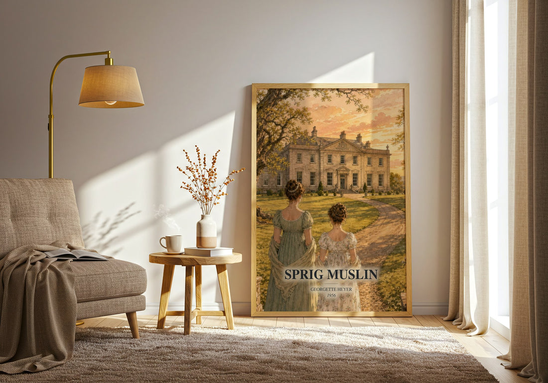 Sprig Muslin watercolour print in frame leaning in hallway – romance wall art (mockup)