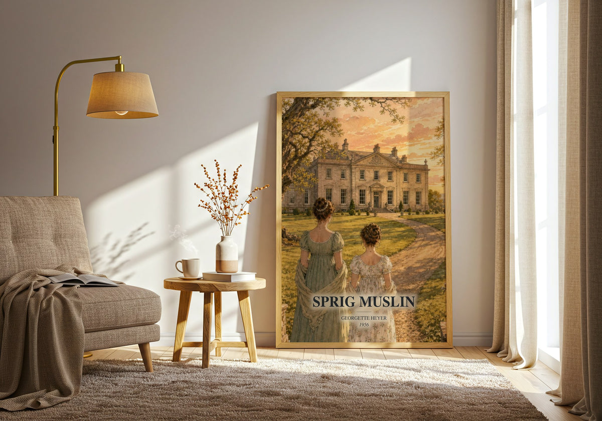Sprig Muslin watercolour print in frame leaning in hallway – romance wall art (mockup)