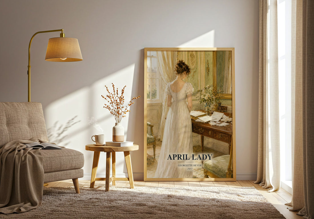 April Lady watercolour print in frame leaning in hallway – romance wall art (mockup)