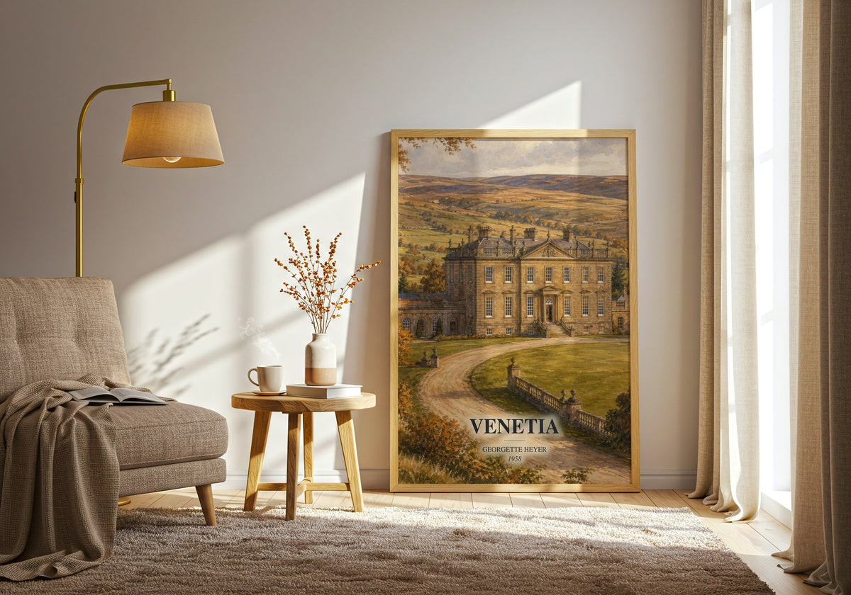 Venetia watercolour print in frame leaning in hallway – romance wall art (mockup)