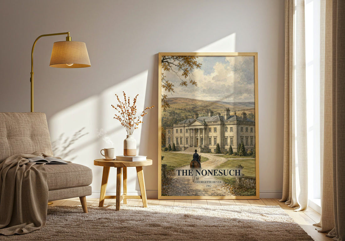 The Nonesuch watercolour print in frame leaning in hallway – romance wall art (mockup)