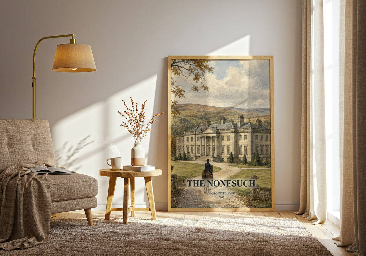 The Nonesuch watercolour print in frame leaning in hallway – romance wall art (mockup)