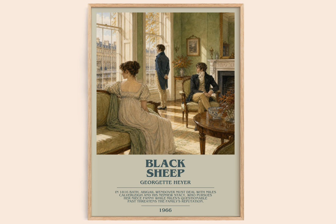 Black Sheep bookish book poster by Georgette Heyer – framed literary art print