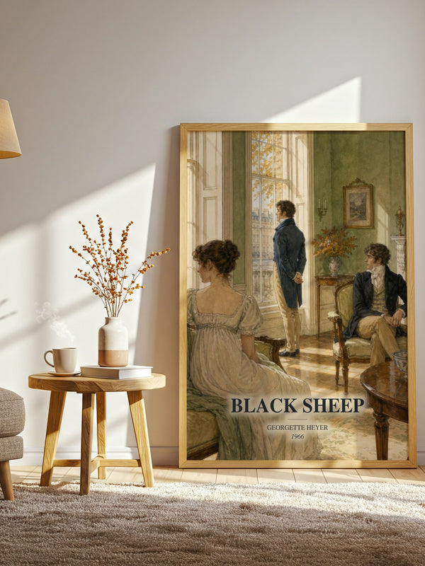 Black Sheep watercolour print in frame leaning in hallway – romance wall art