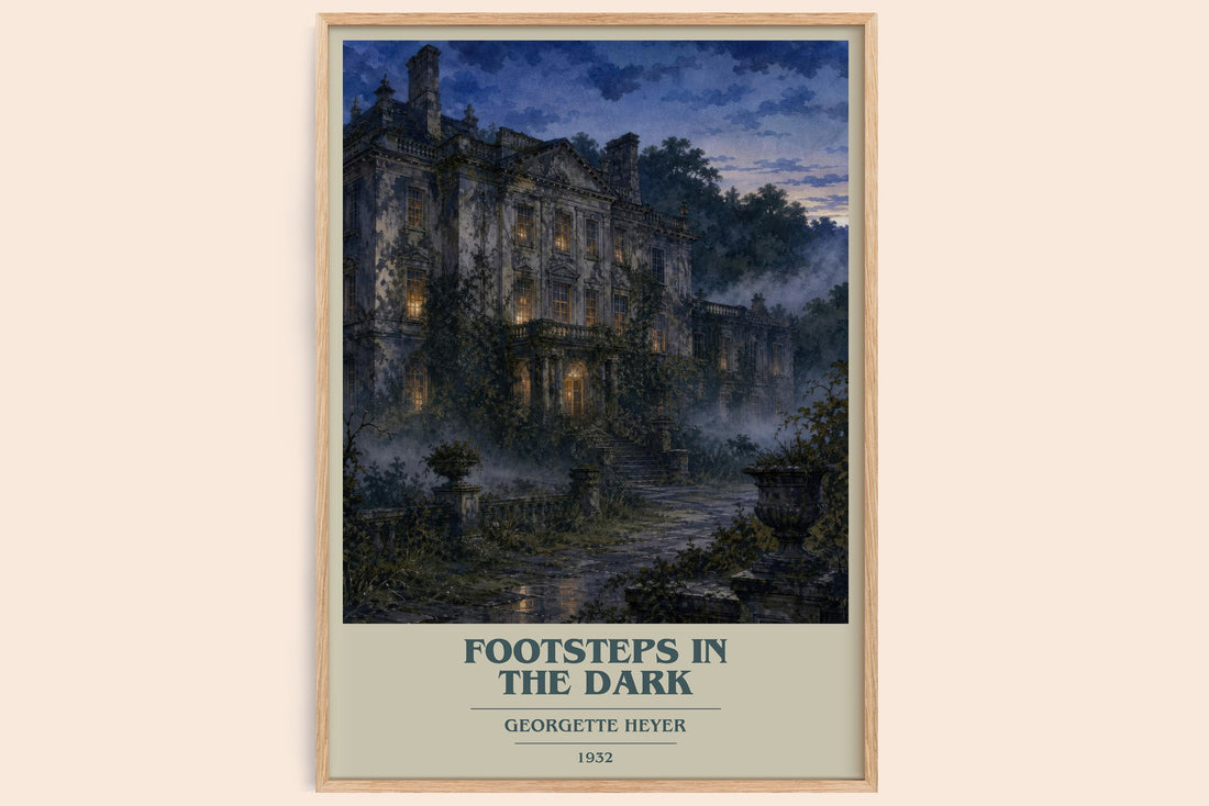 Footsteps in the Dark book cover book poster by Georgette Heyer – framed literary art print