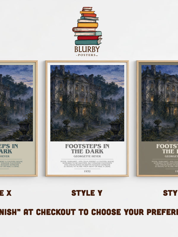 Footsteps in the Dark bookish print in frame leaning in hallway – mystery wall art