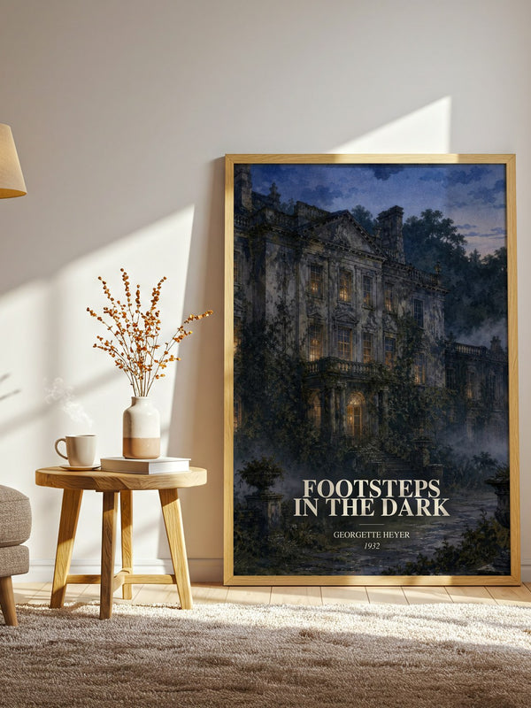 Footsteps in the Dark watercolour print in frame leaning in hallway – mystery wall art
