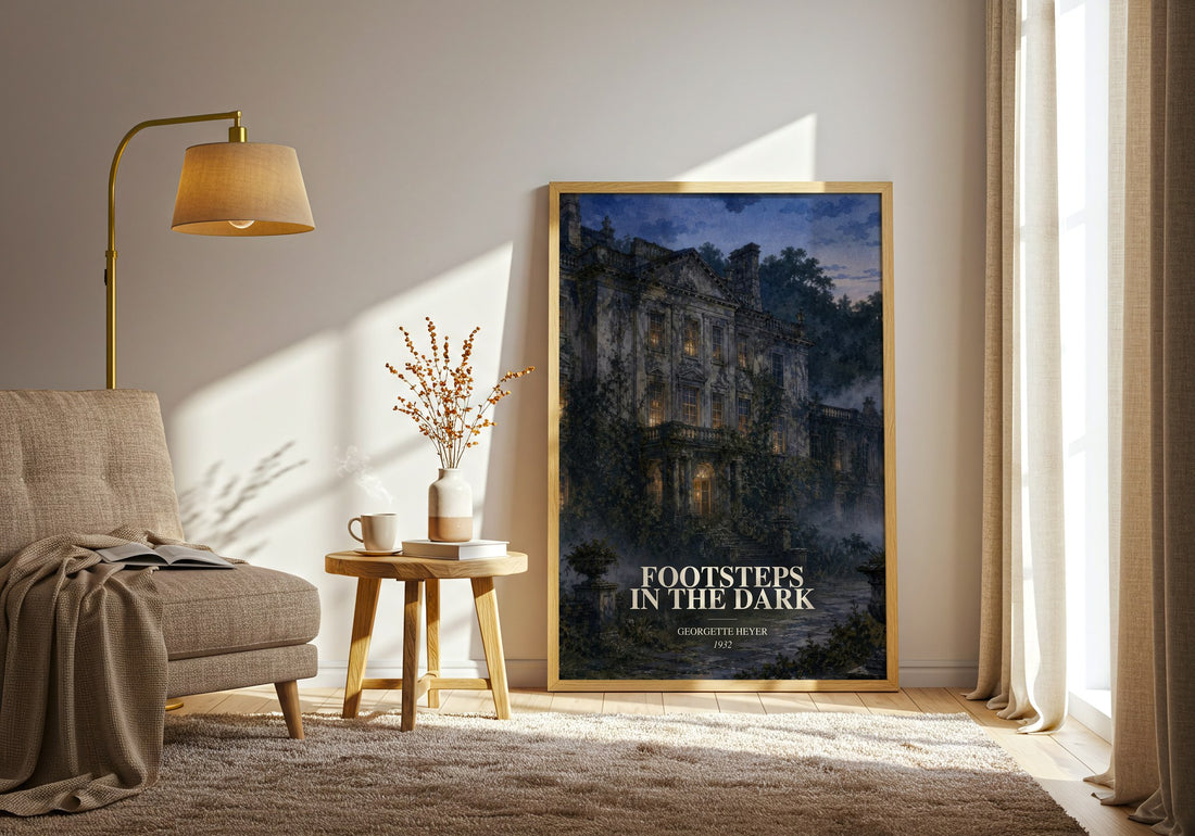 Footsteps in the Dark watercolour print in frame leaning in hallway – mystery wall art (mockup)