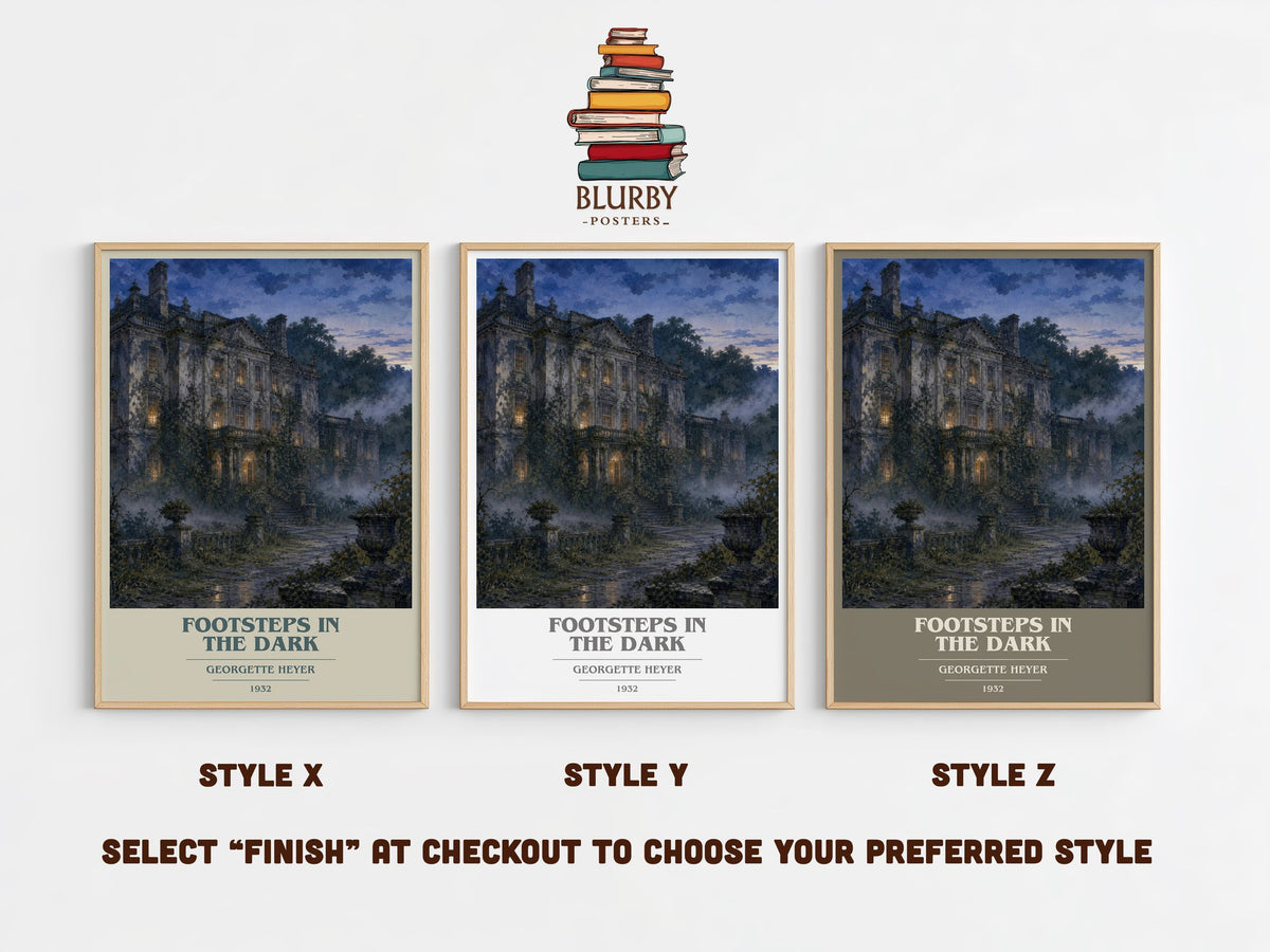 Footsteps in the Dark book cover print in frame leaning in hallway – mystery wall art (mockup)